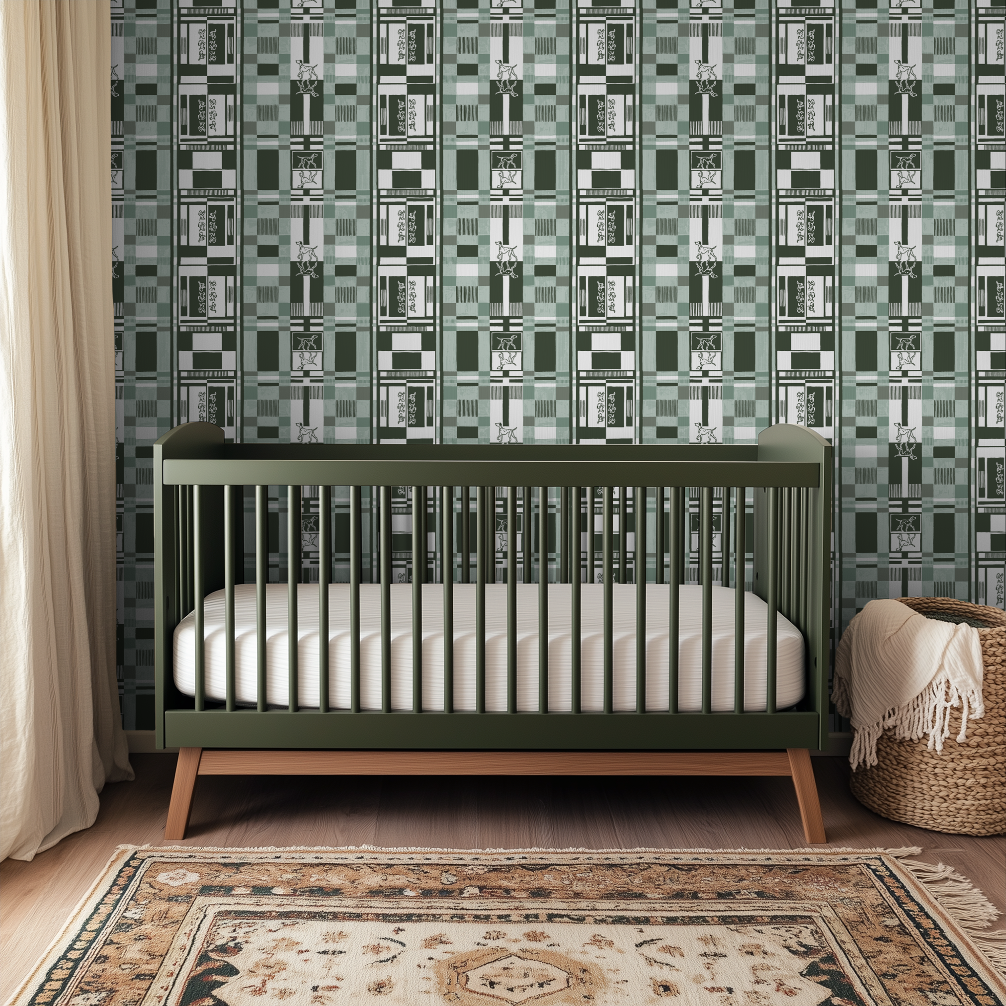 Geometric pattern with green, white, and gray blocks, stripes, and decorative floral motifs in recta