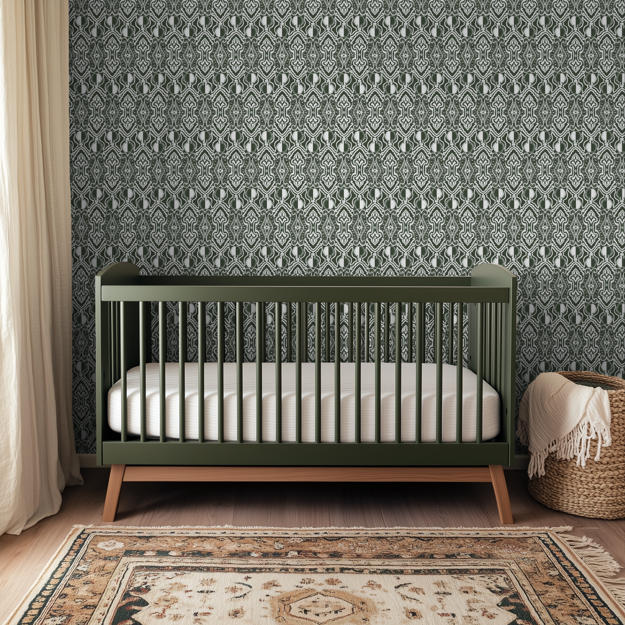 Ornate Moroccan-style damask pattern in dark gray and white with symmetrical geometric and floral mo