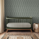 Ornate Moroccan-style damask pattern in dark gray and white with symmetrical geometric and floral mo