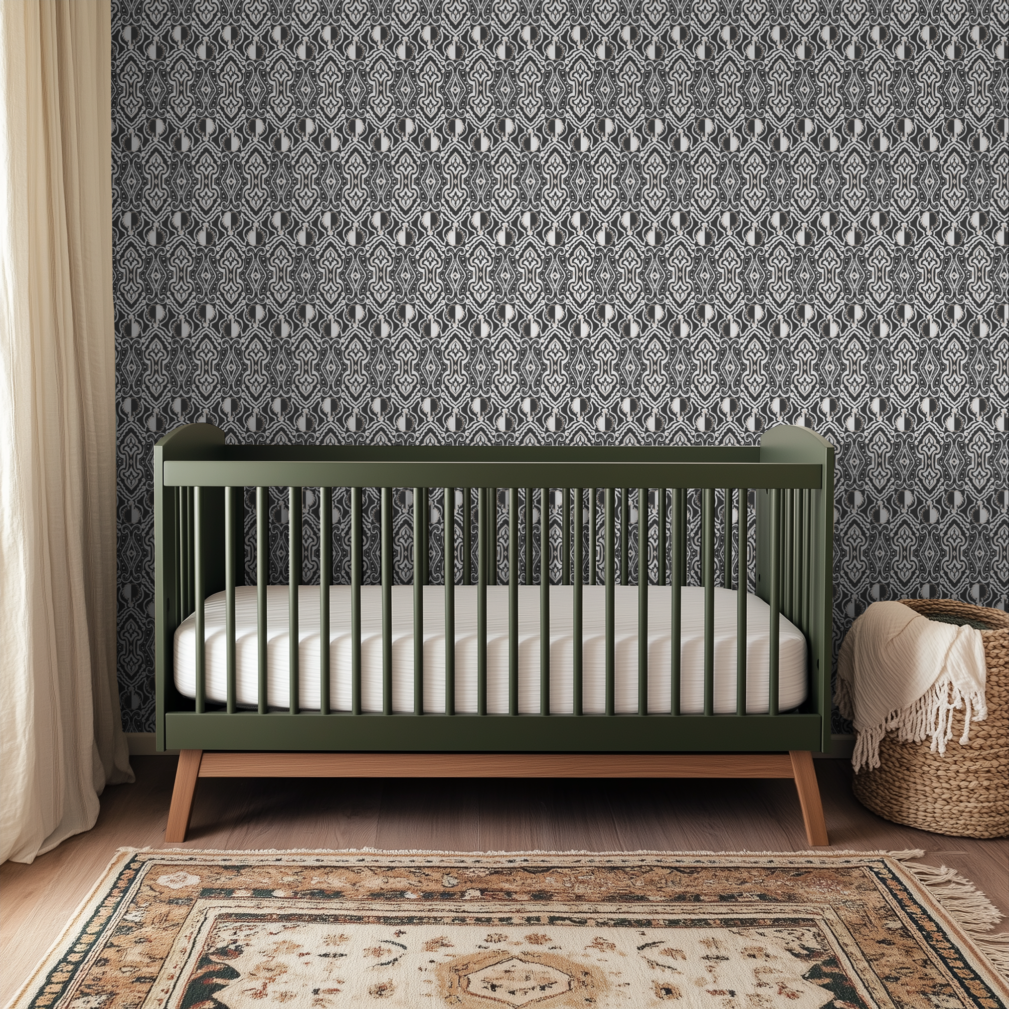 Ornate gray and white damask pattern with symmetrical baroque-style motifs