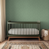 Sage green decorative wallpaper with subtle floral and leaf damask pattern