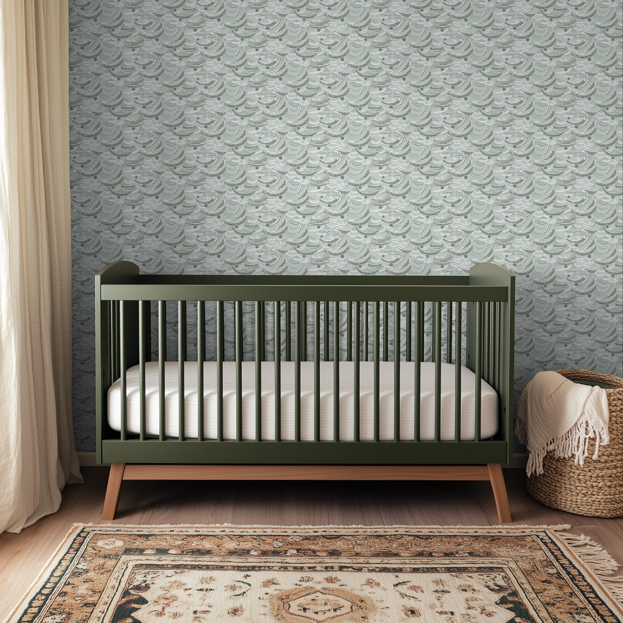 Abstract pattern with curved dotted lines and circles in mint green, gray, and black on light backgr