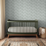 Abstract pattern with curved dotted lines and circles in mint green, gray, and black on light backgr