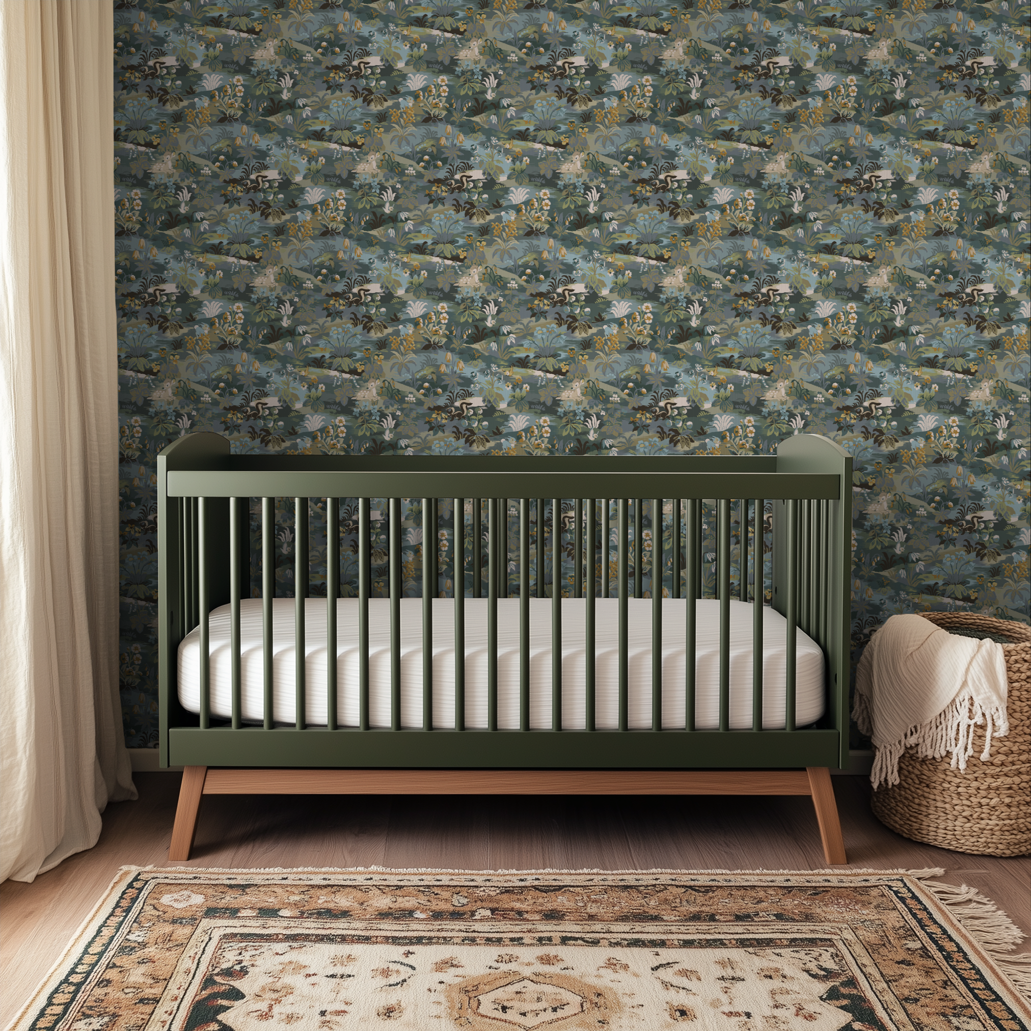 Vintage-style jungle scene with animals, plants, and flowers in muted blue, green, and gold tones