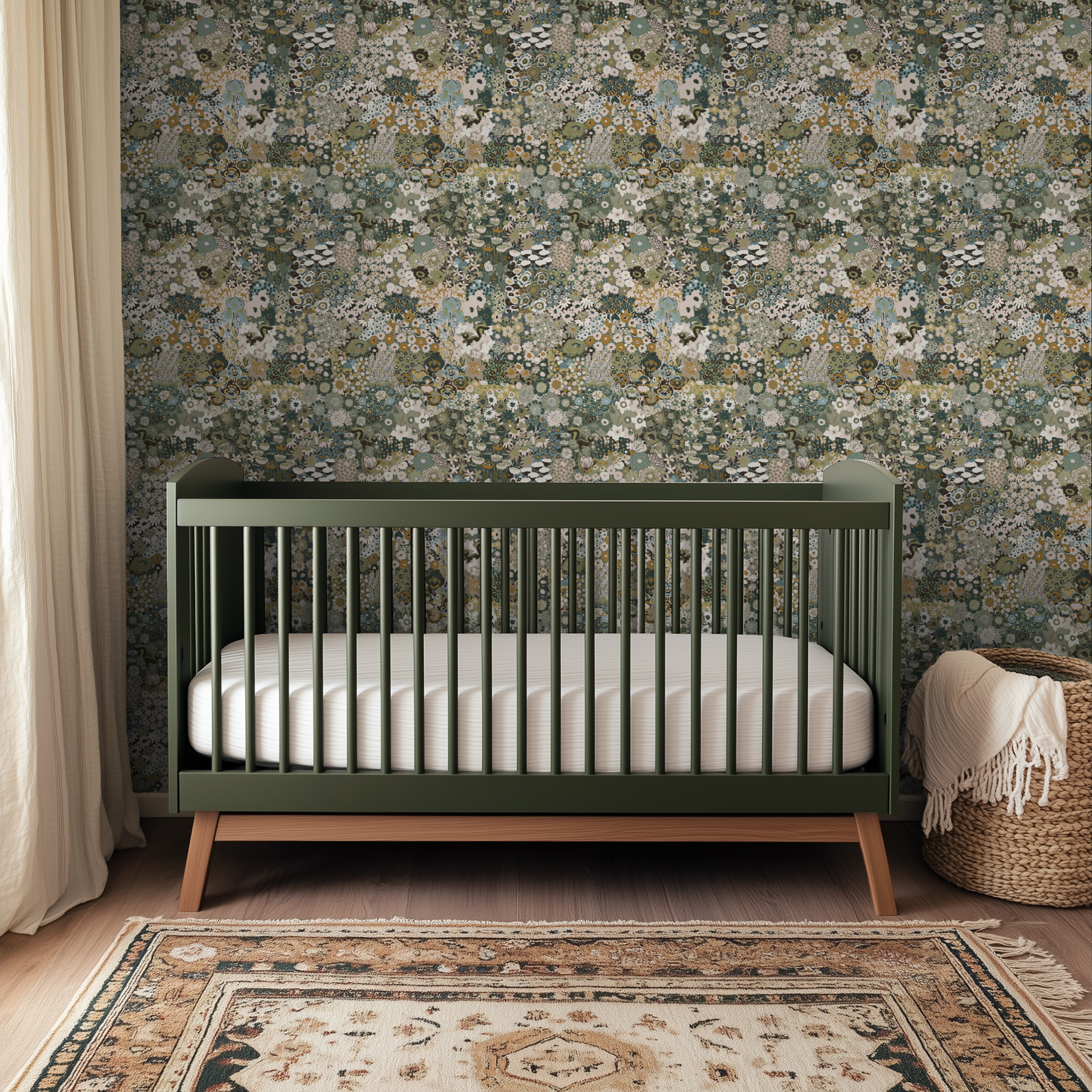 Densely packed floral pattern in muted greens, golds, and creams with various sized blooms and folia