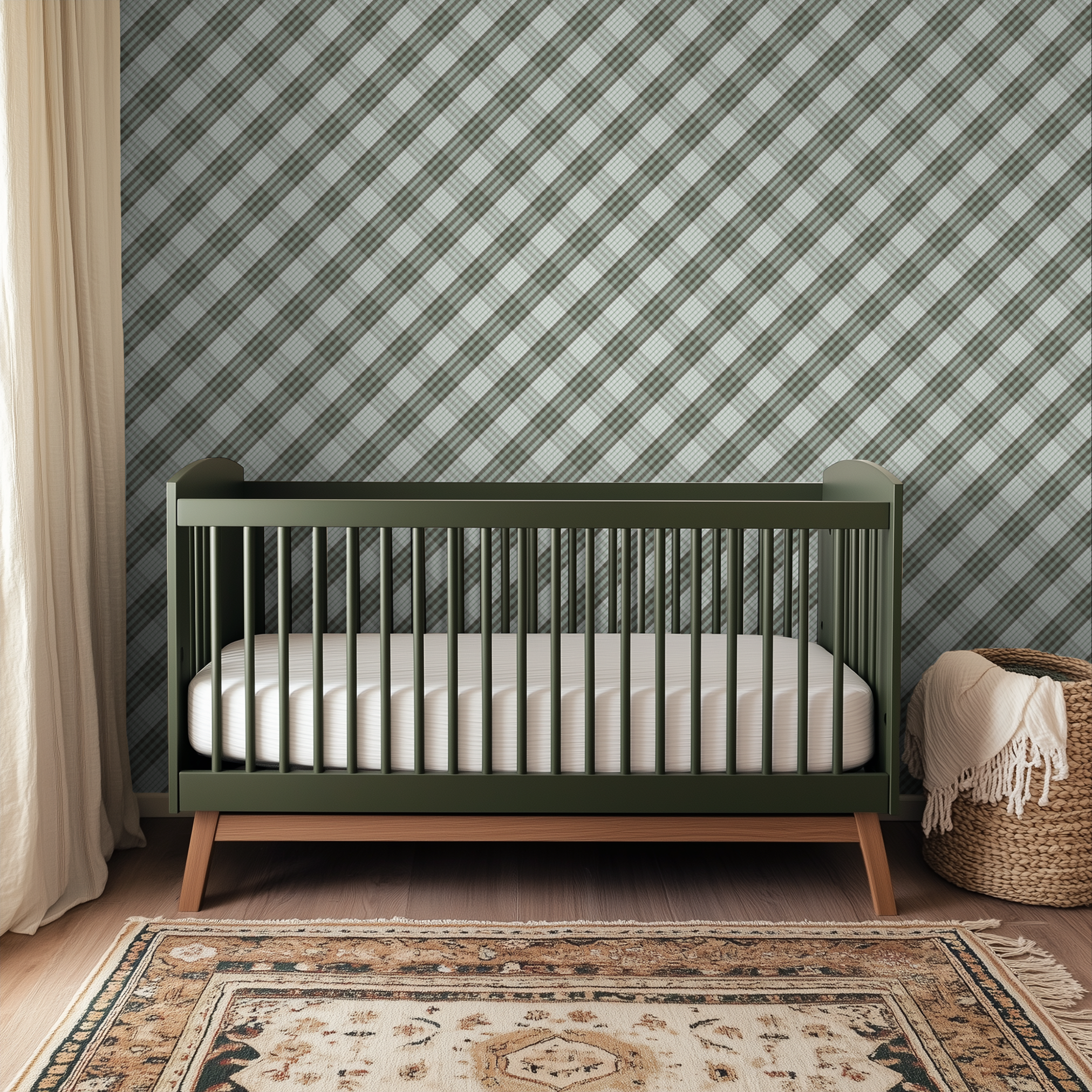 Diagonal striped pattern in sage green, brown, cream, and white tones