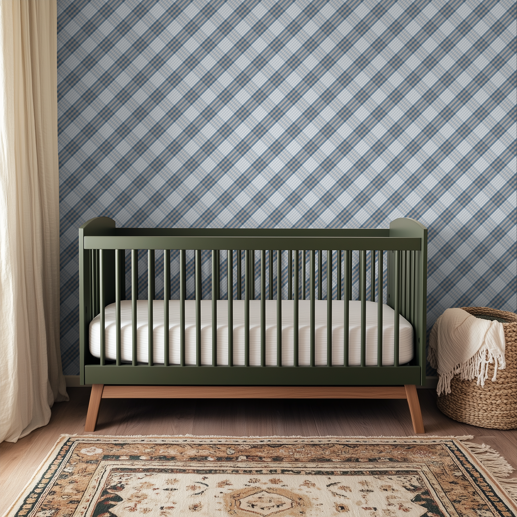 Diagonal plaid pattern in blue, white, and tan stripes creating a gingham-style design