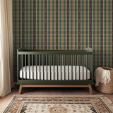 Plaid pattern in teal, tan, and brown with small deer silhouettes
