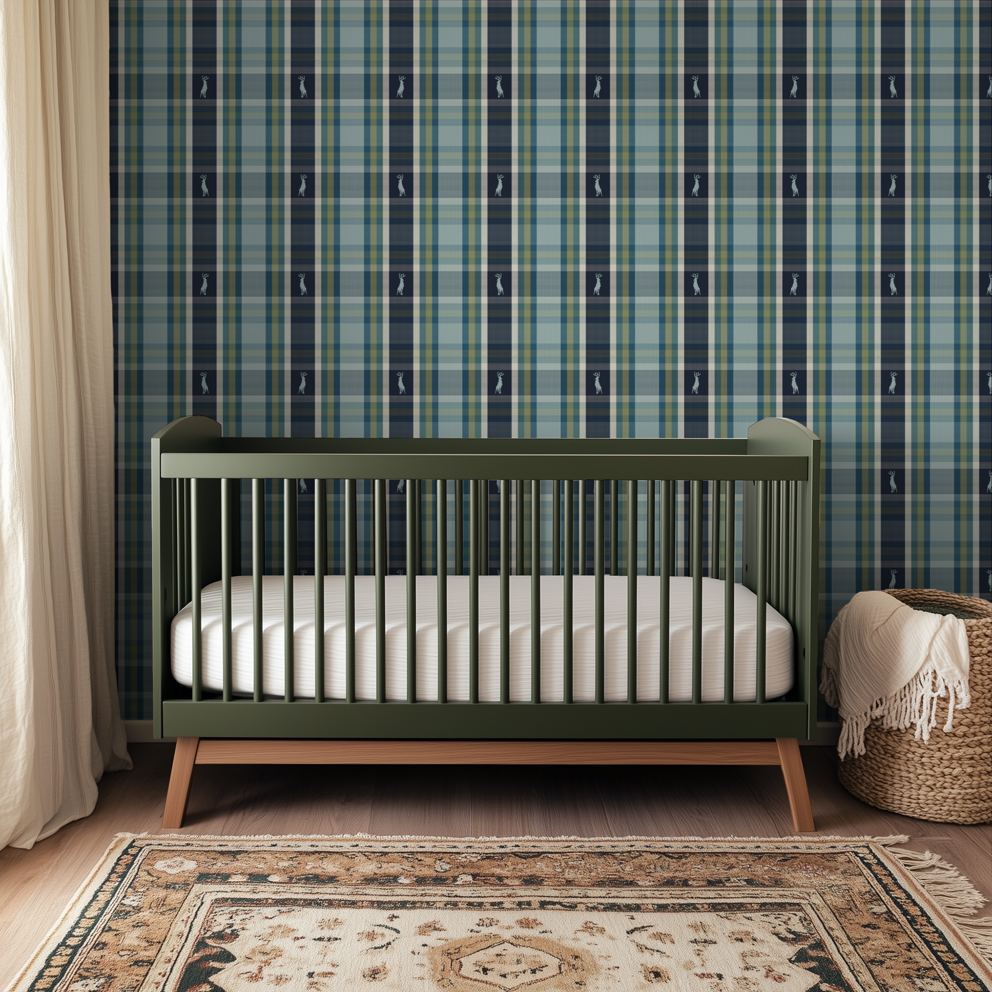 Plaid pattern in navy, gray, teal and yellow with white deer silhouettes on navy stripes