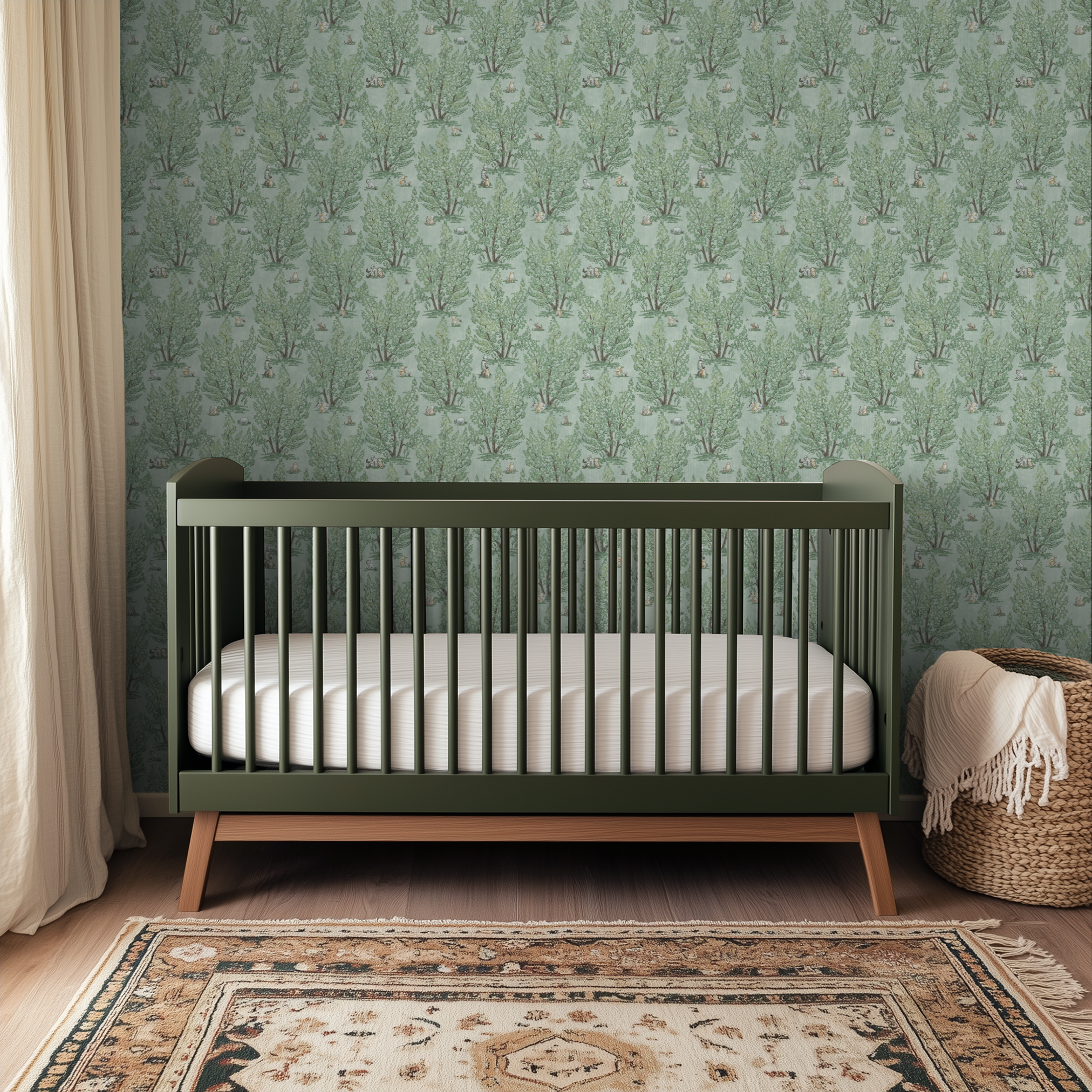 Pastoral woodland scene pattern with green trees and small animals on light mint background