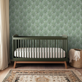 Pastoral woodland scene pattern with green trees and small animals on light mint background