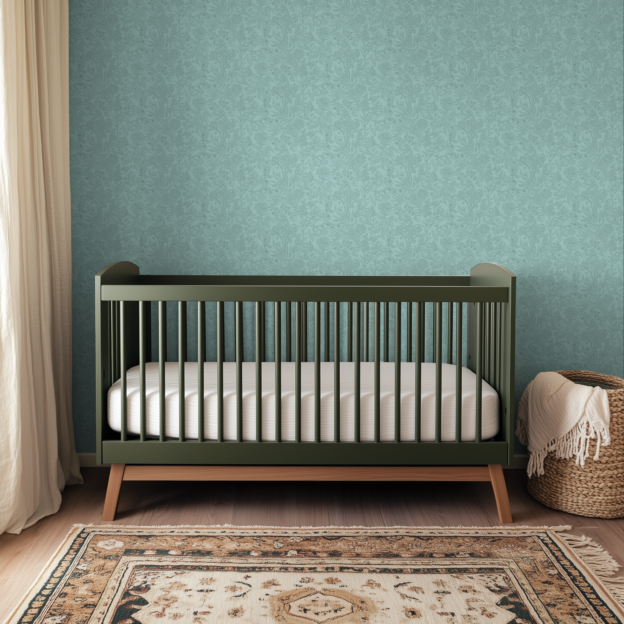 Delicate botanical pattern in soft teal with wildflowers, leaves, and stems in a vintage style