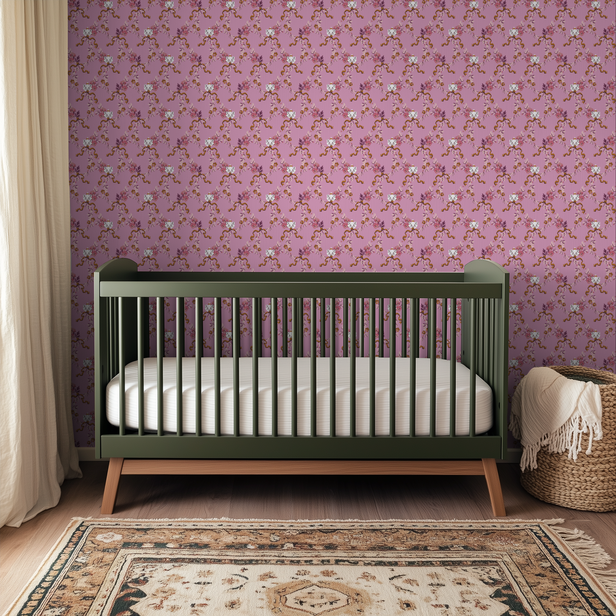 Pink pattern with white cats, cherry blossoms, and brown snakes in Asian-inspired design