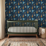 Musical instruments and microphones pattern on navy blue background with gold and teal accents