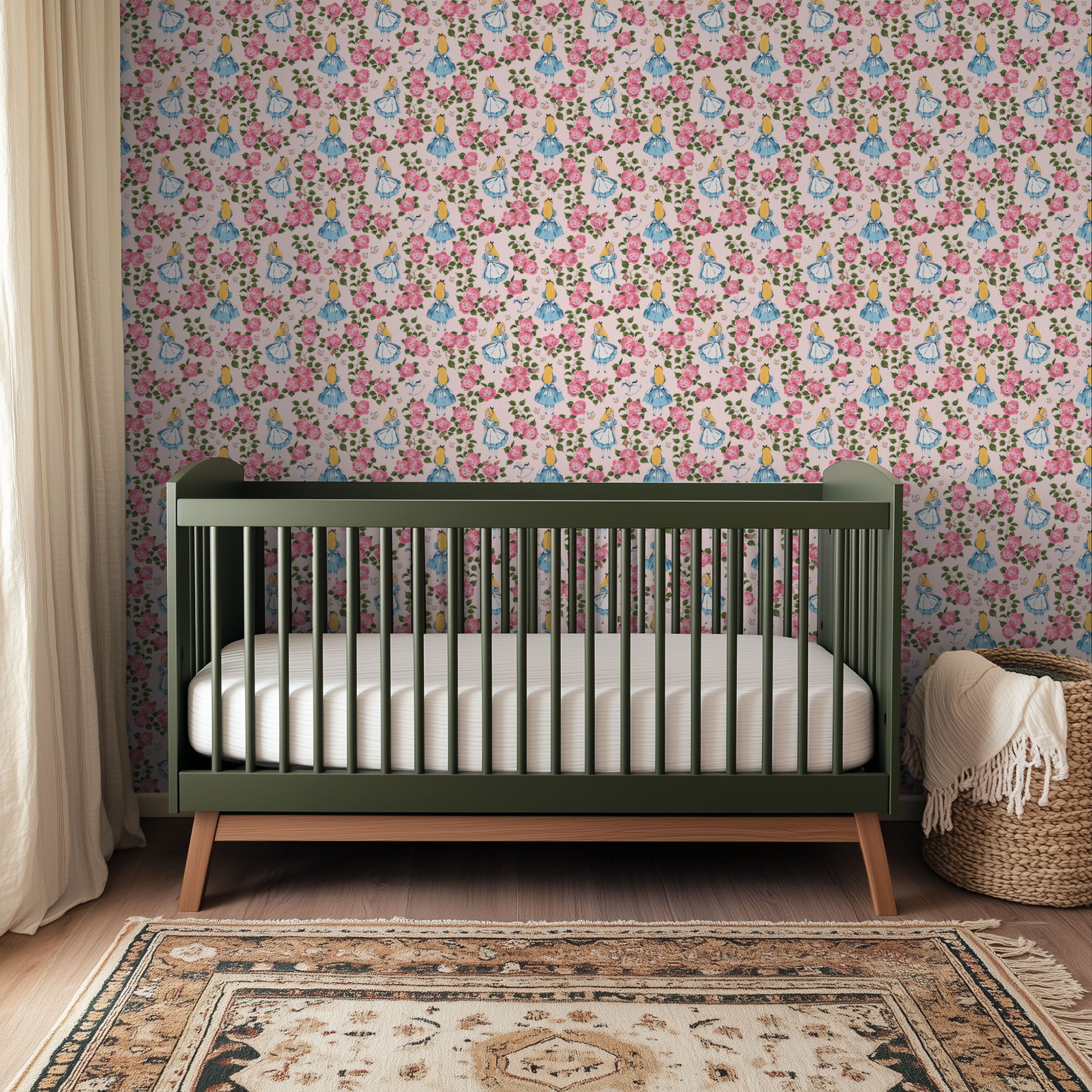 Alice in Wonderland pattern with pink roses and butterflies on light background