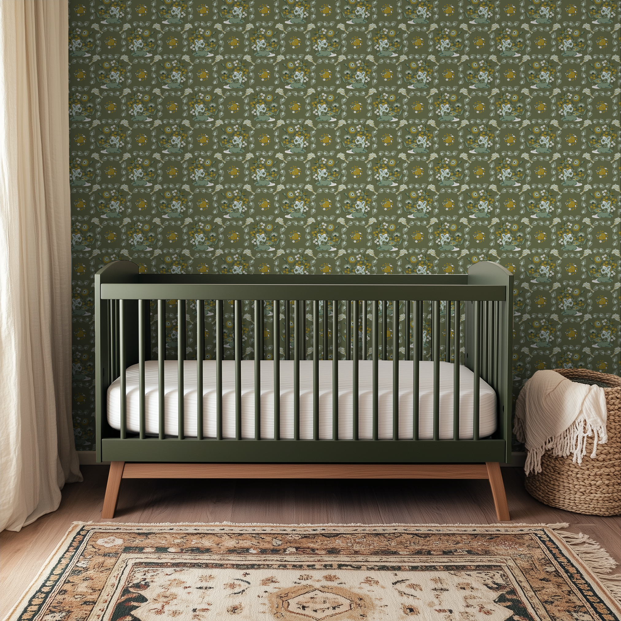 Olive green pattern with folk art florals, white rabbits, bees, and decorative botanical elements
