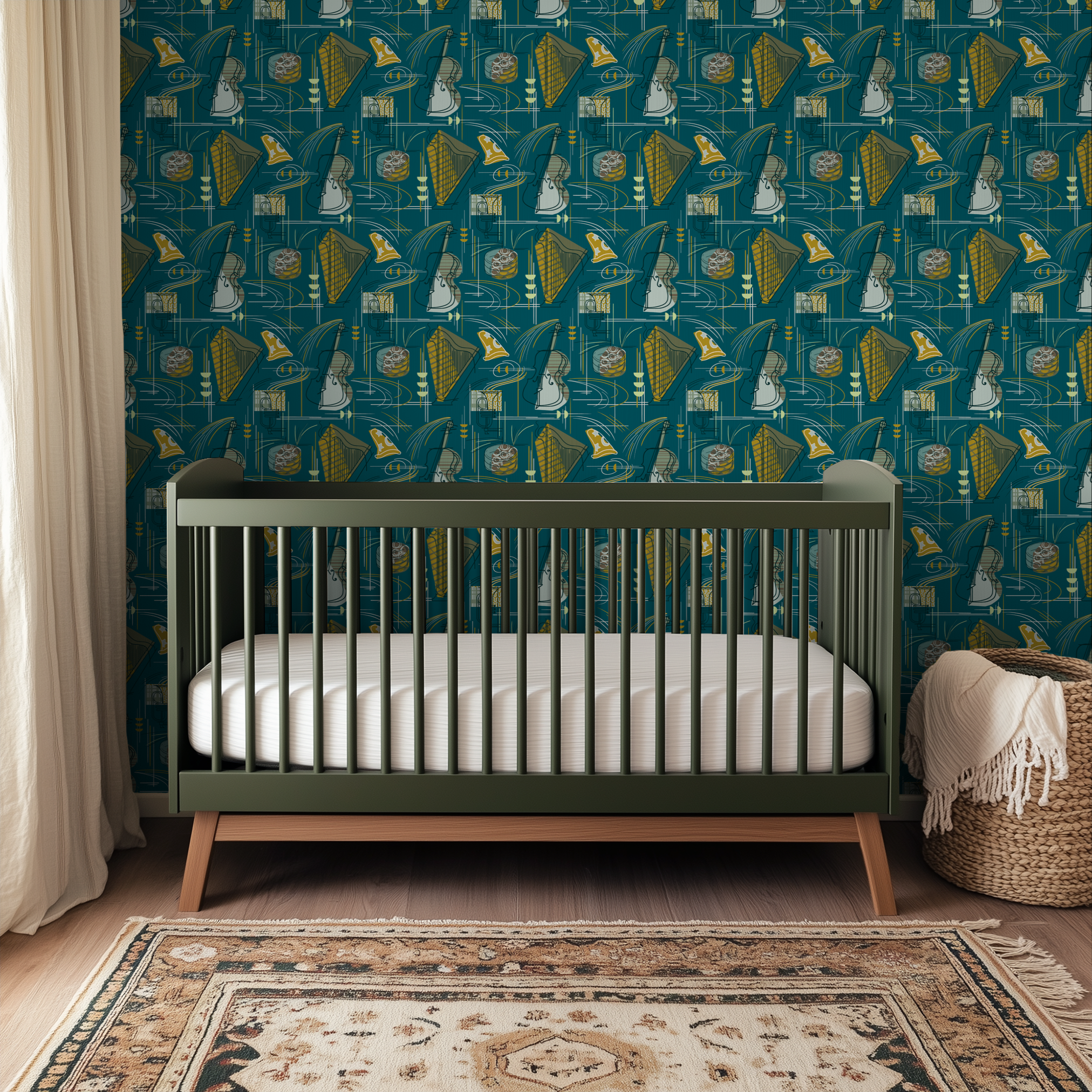 Art deco pattern with musical instruments including harps, bells, and drums in teal, gold, and cream