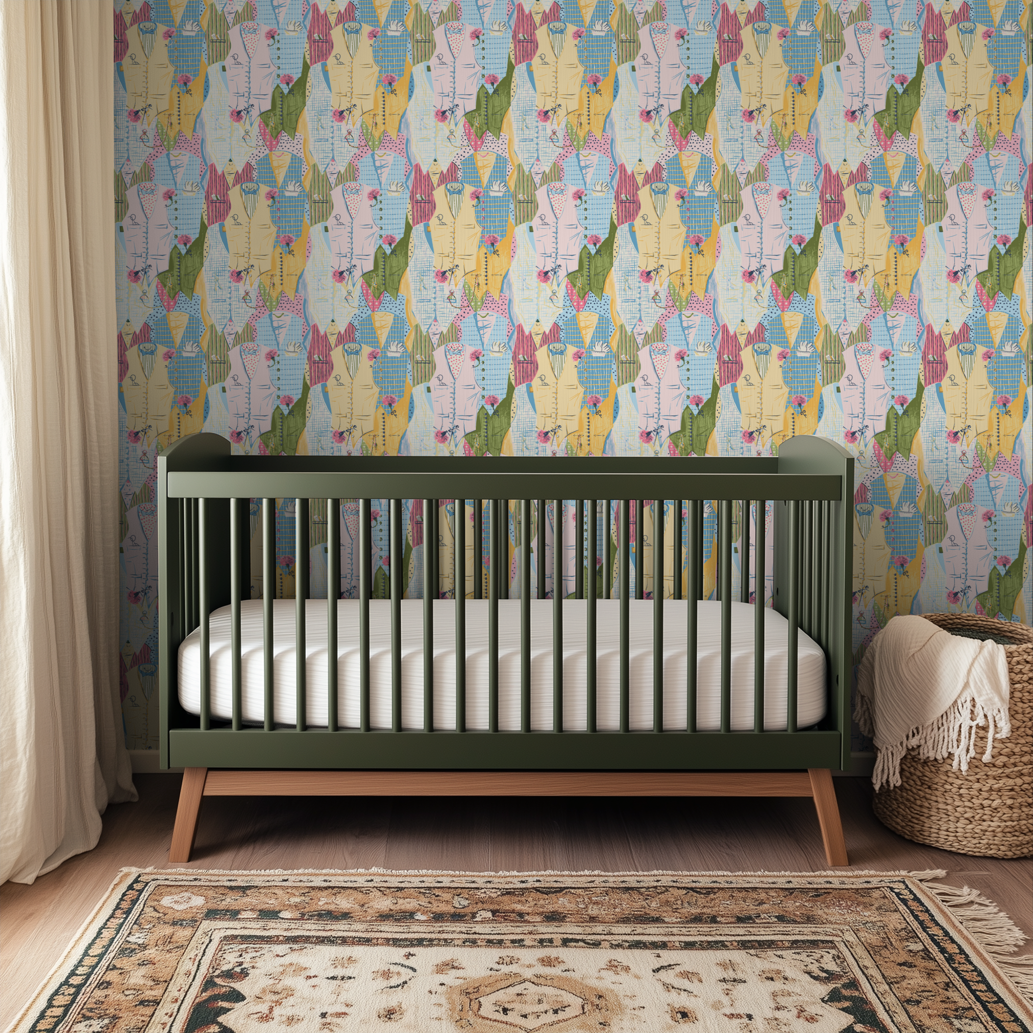 Colorful patchwork pattern with flowers, gingham checks, stripes, and dots in pastels