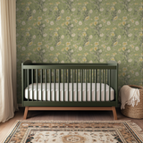 Vintage floral wallpaper pattern with yellow and cream flowers on sage green background