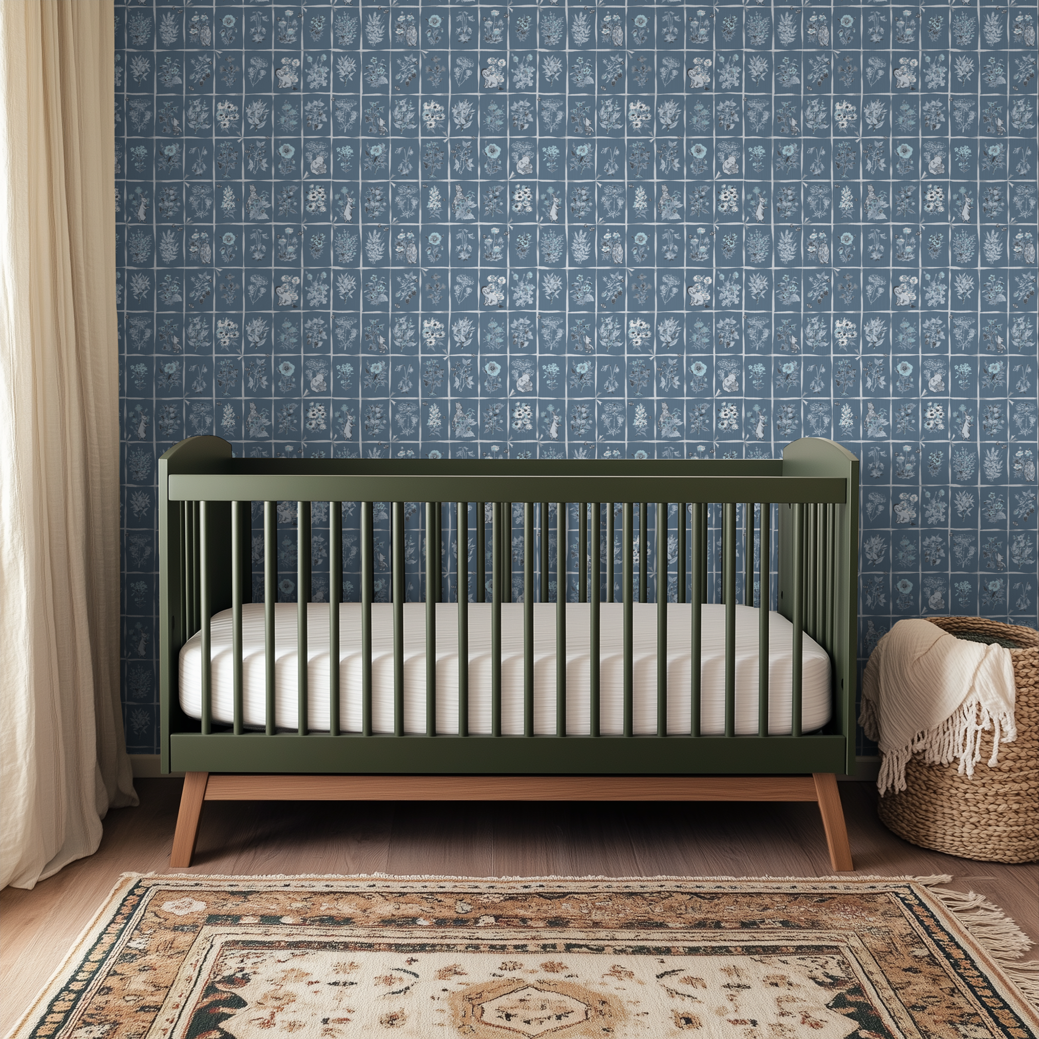 Botanical grid pattern with white flowers and plants on blue-gray background in vintage style