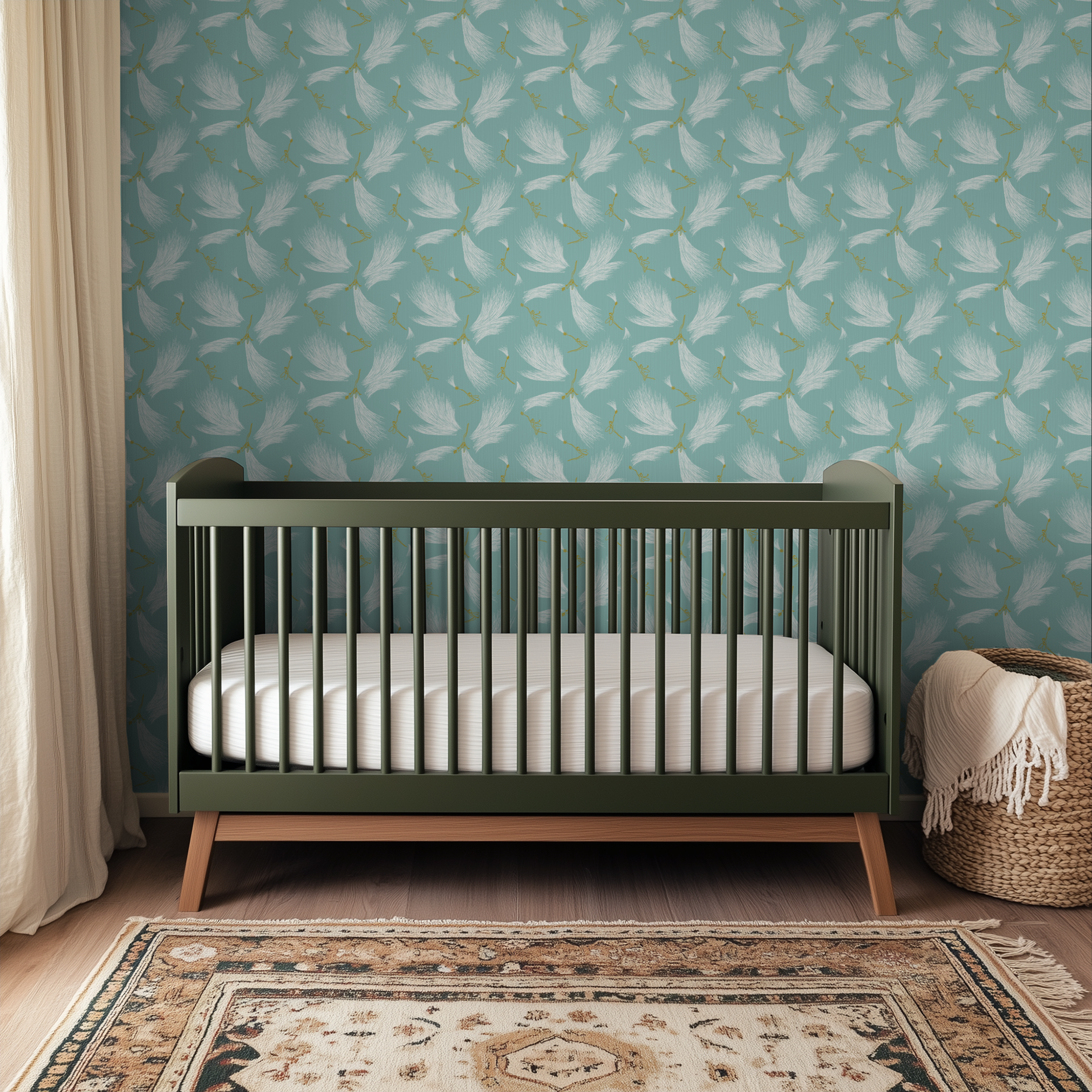 White feathered wings with gold ribbons pattern on soft teal background