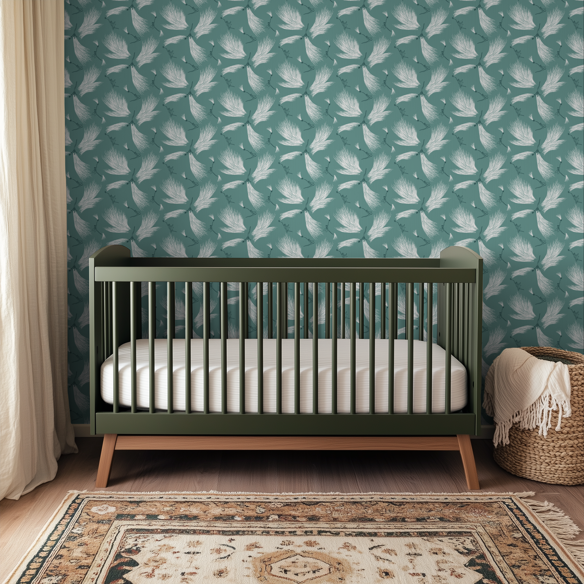 White feather pattern on teal background with delicate botanical stems and small buds