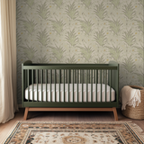 Delicate botanical wallpaper pattern with green fern fronds and small butterflies on cream backgroun