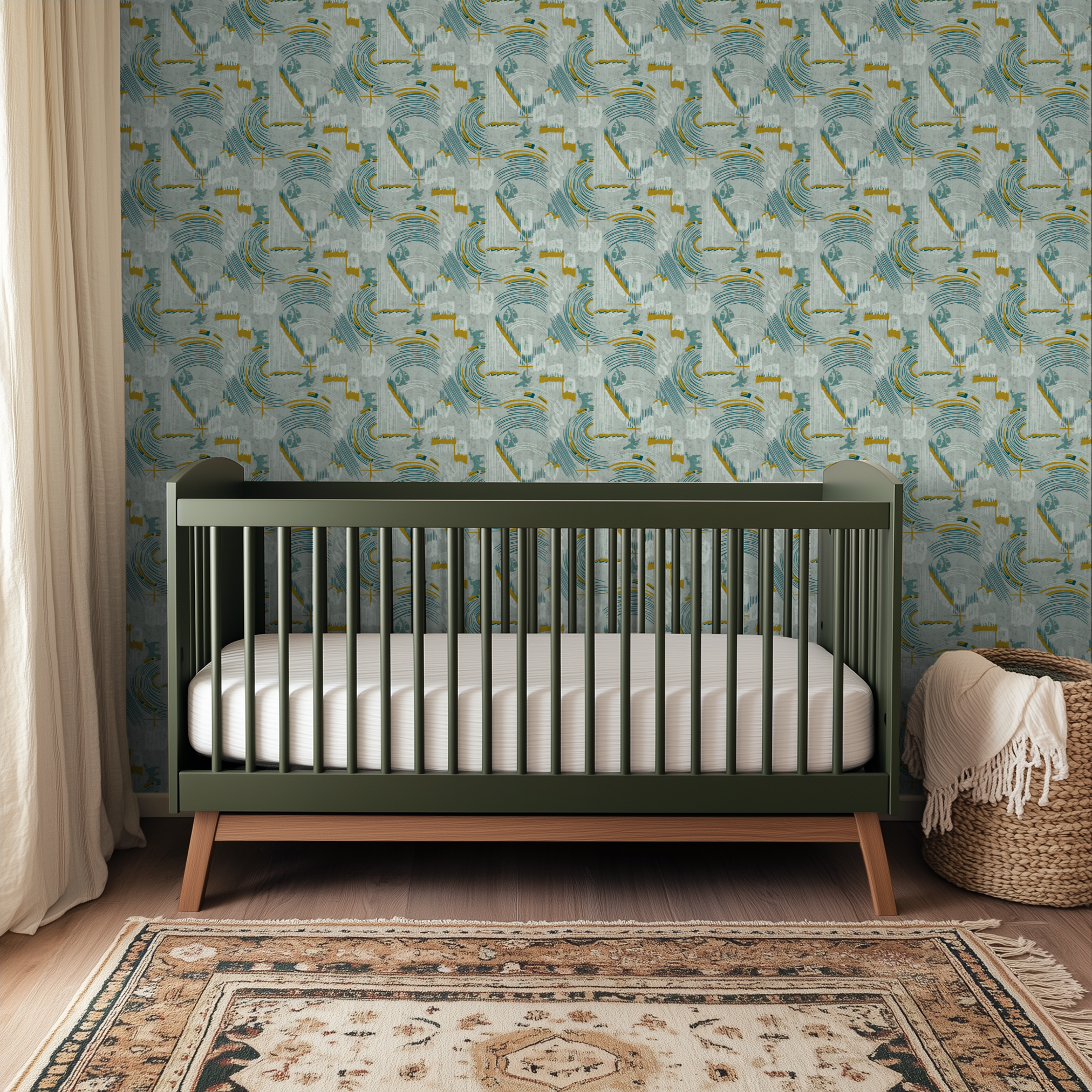 Art deco pattern with teal and gold curved lines, geometric shapes, and stylized floral elements on