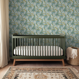 Art deco pattern with teal and gold curved lines, geometric shapes, and stylized floral elements on
