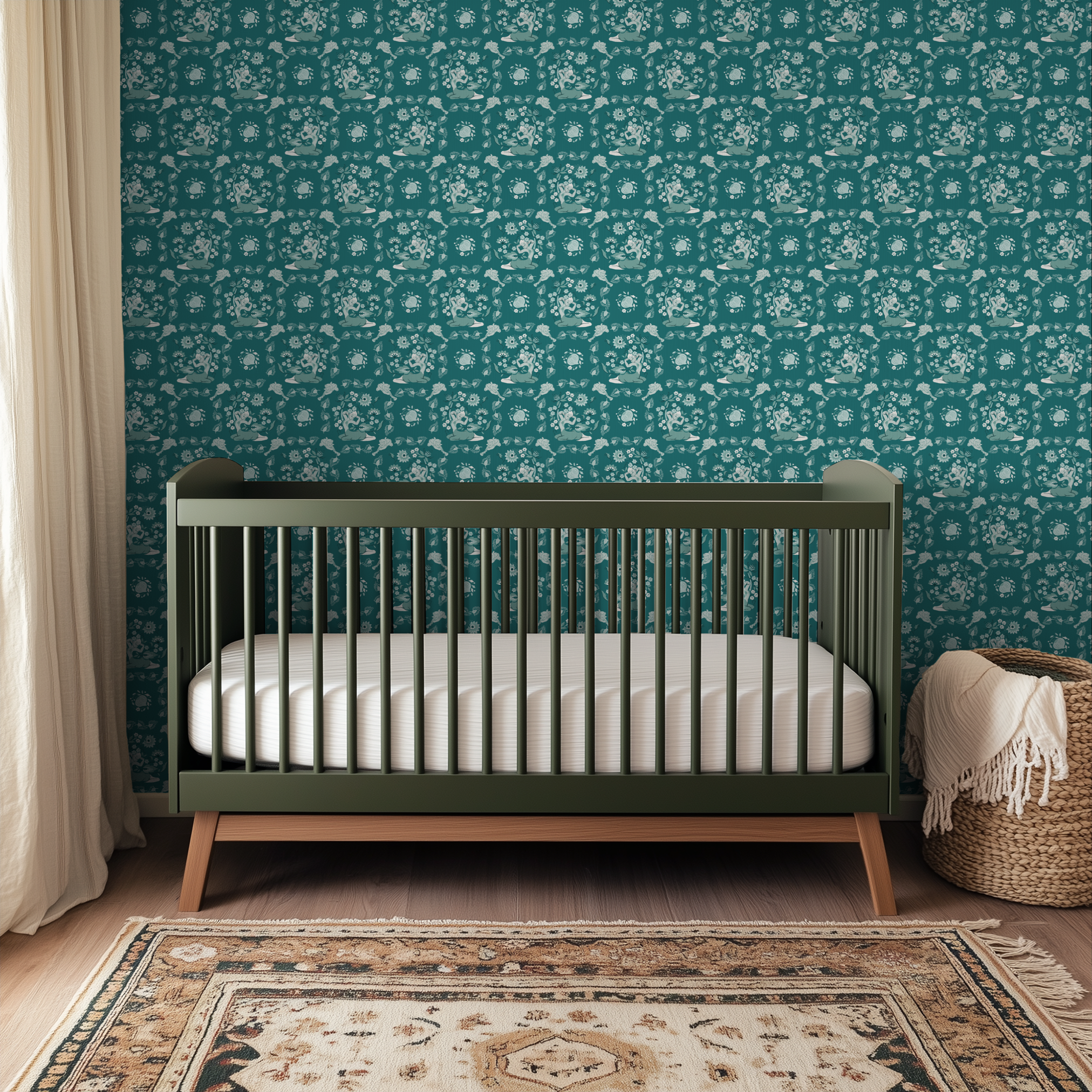 Teal pattern with white decorative motifs of lions, flowers, ferns, and botanical elements in a vint