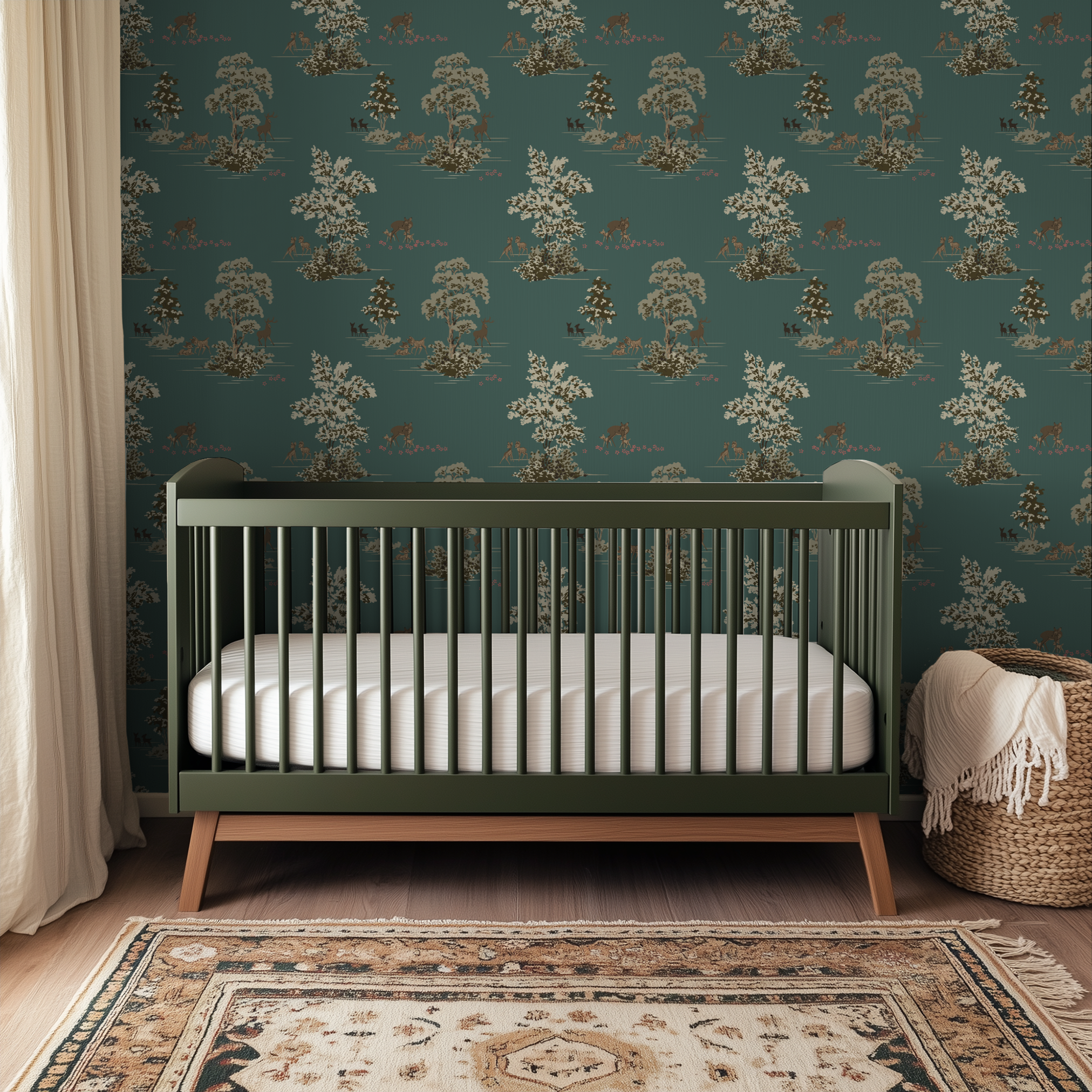 Pastoral toile pattern with trees and figures in cream and brown on teal background