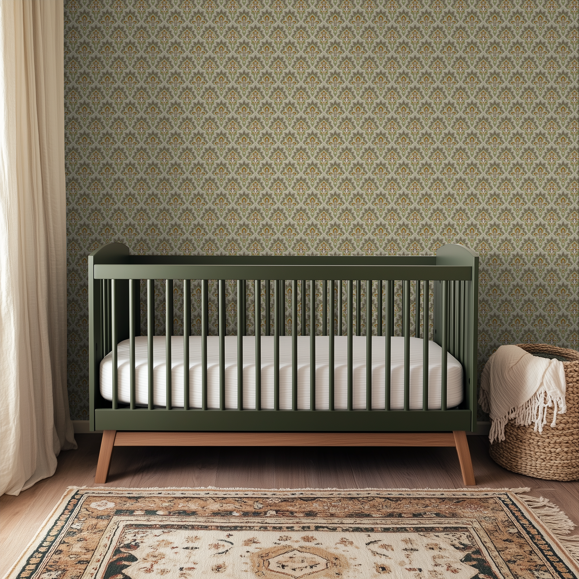 Symmetrical damask pattern in sage green, brown, gold and cream with ornate floral motifs