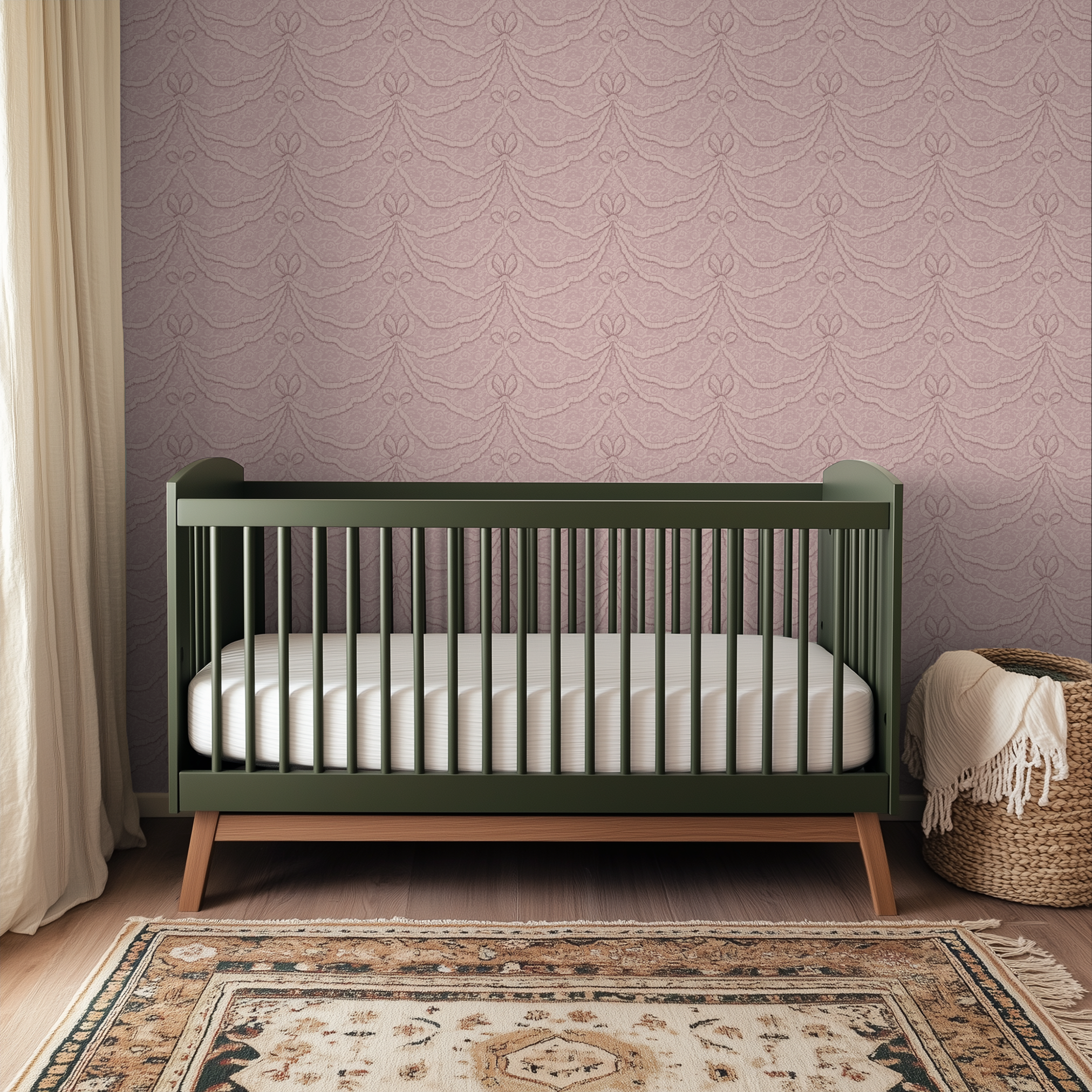 Pink wallpaper with embroidered garland swags and bow decorative pattern