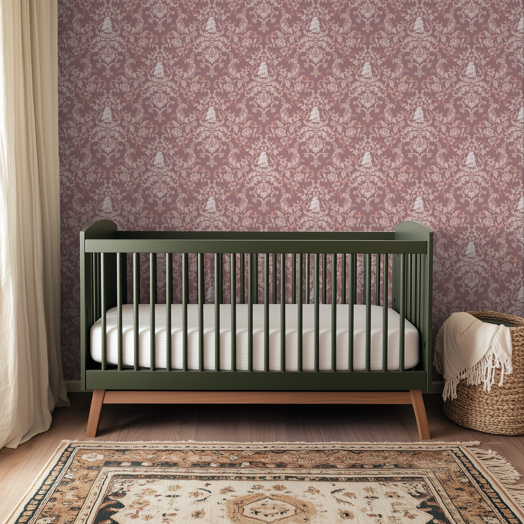 Ornate damask pattern in dusty rose and cream with birds and floral motifs