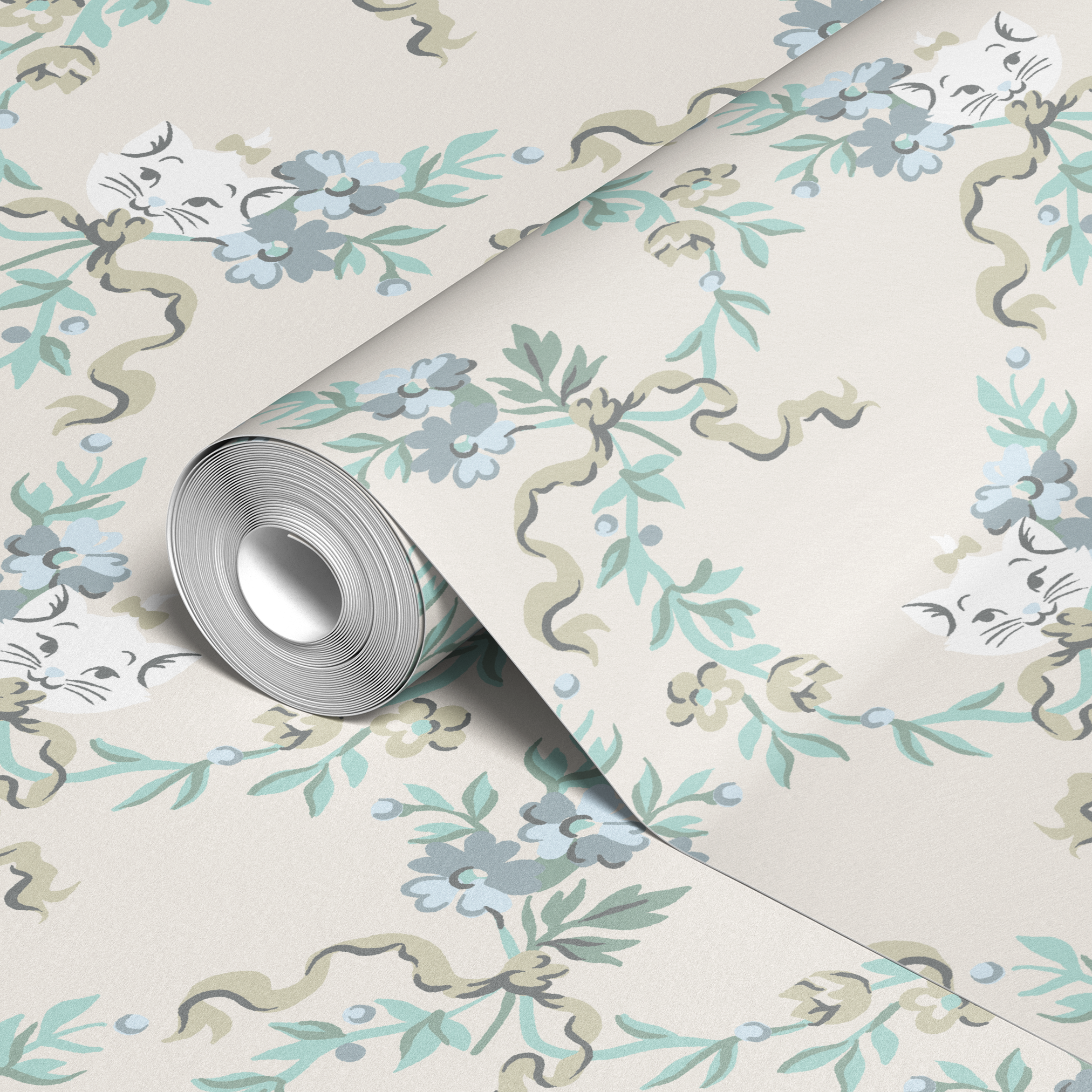 Delicate floral pattern with blue flowers, green leaves, and curved stems on light background