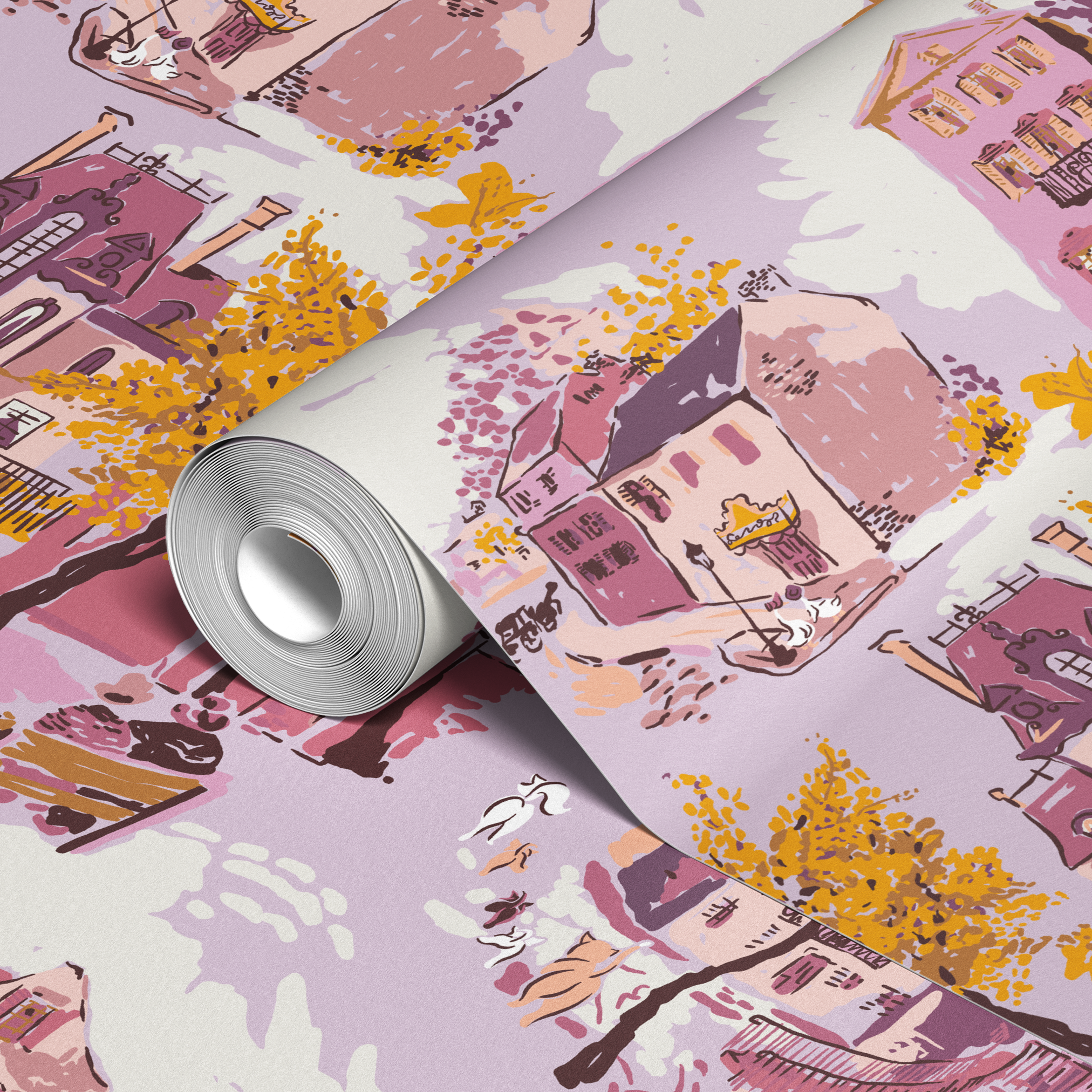 Whimsical autumn town scene with pink and purple buildings, golden trees, and people on streets
