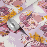 Whimsical autumn town scene with pink and purple buildings, golden trees, and people on streets