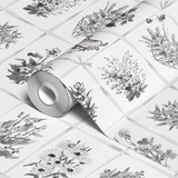 Botanical illustration grid showing various vintage black and white plant and flower sketches