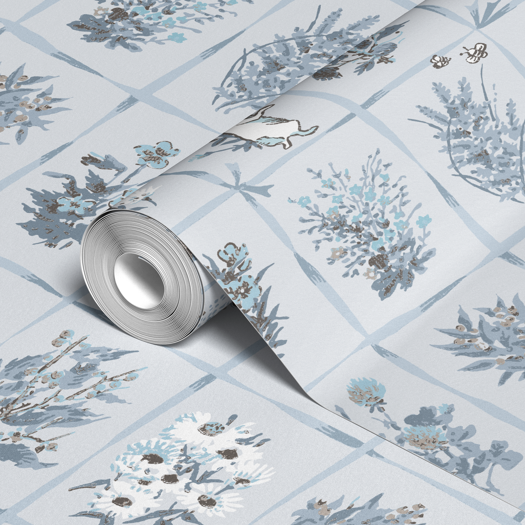 Vintage botanical illustration grid pattern with blue and green pressed flowers and plants on white
