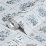 Vintage botanical illustration grid pattern with blue and green pressed flowers and plants on white