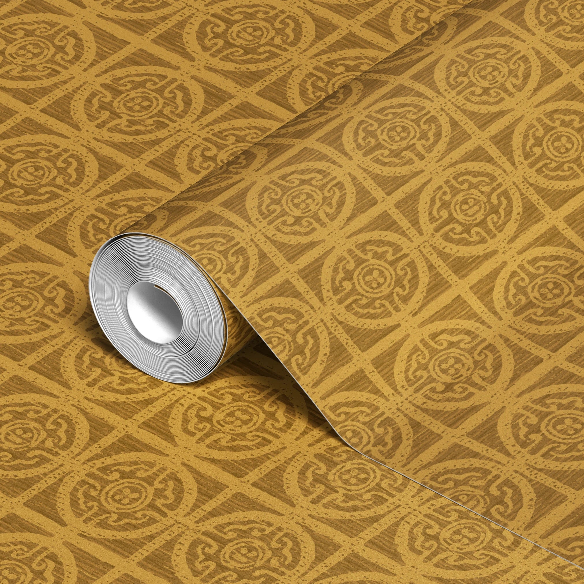 Ornate golden geometric pattern with circular motifs and horizontal stripes in warm tones