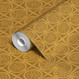 Ornate golden geometric pattern with circular motifs and horizontal stripes in warm tones