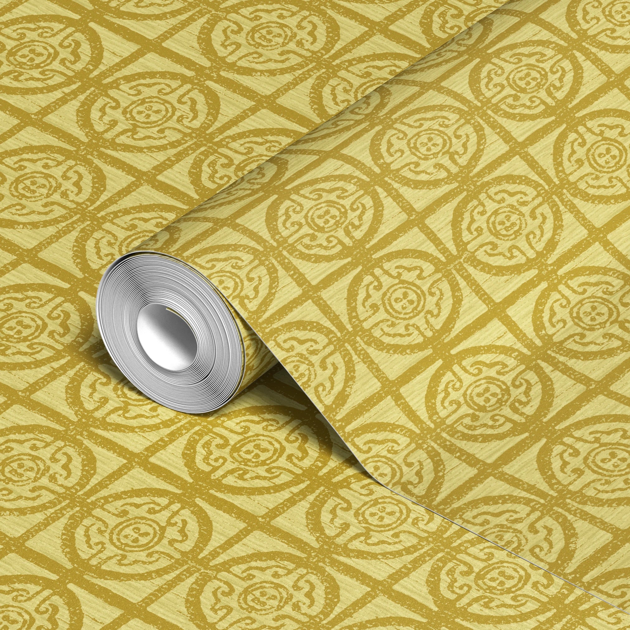 Ornate gold geometric tile pattern with circular medallions and decorative Greek key motifs