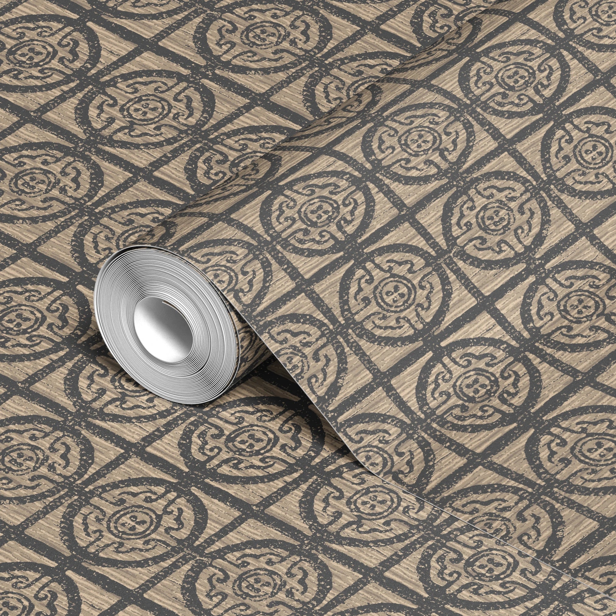 Ornate geometric pattern with dark circular medallions on beige textured background