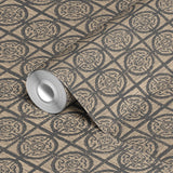 Ornate geometric pattern with dark circular medallions on beige textured background