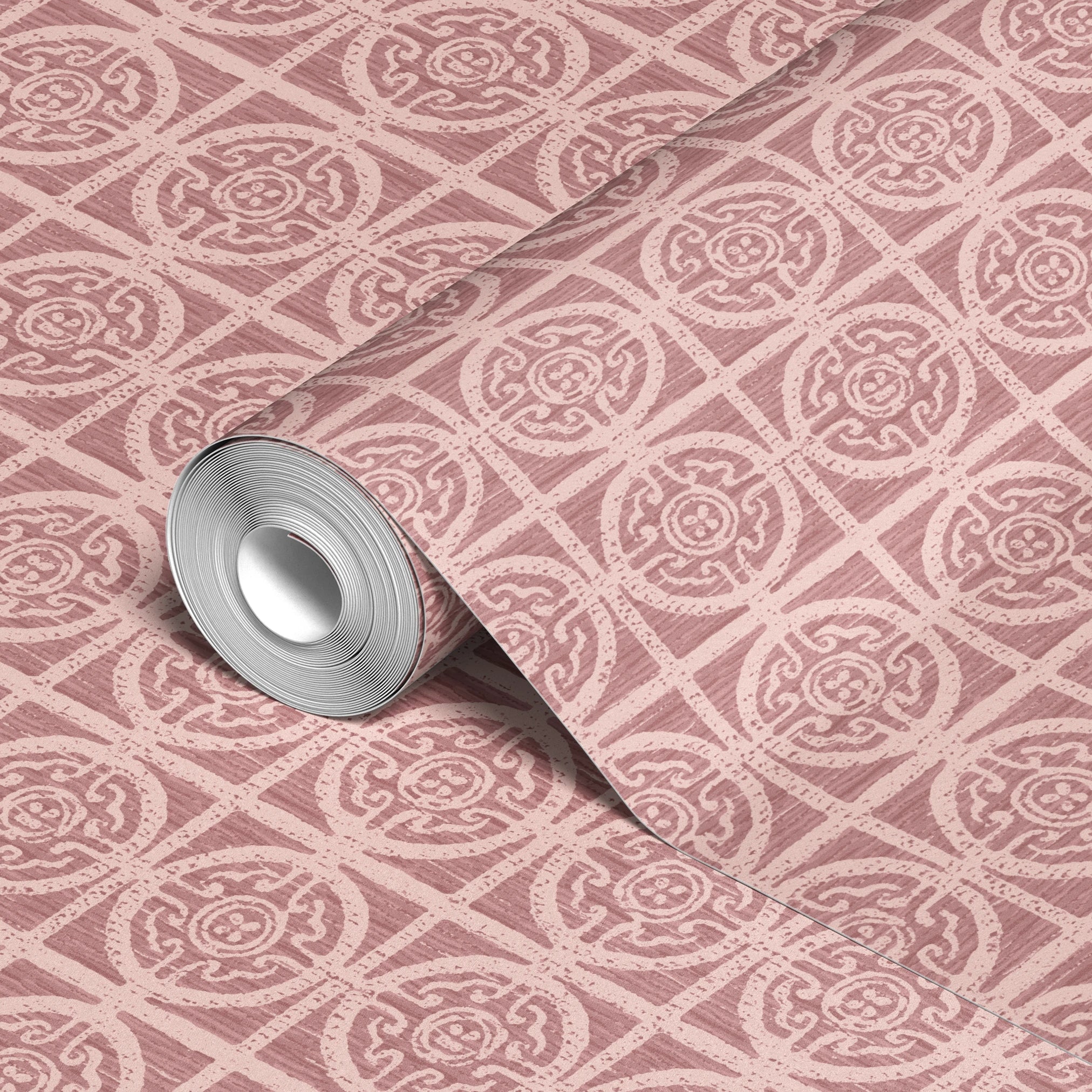 Vintage pink and cream ornate tile pattern with circular medallions and geometric details