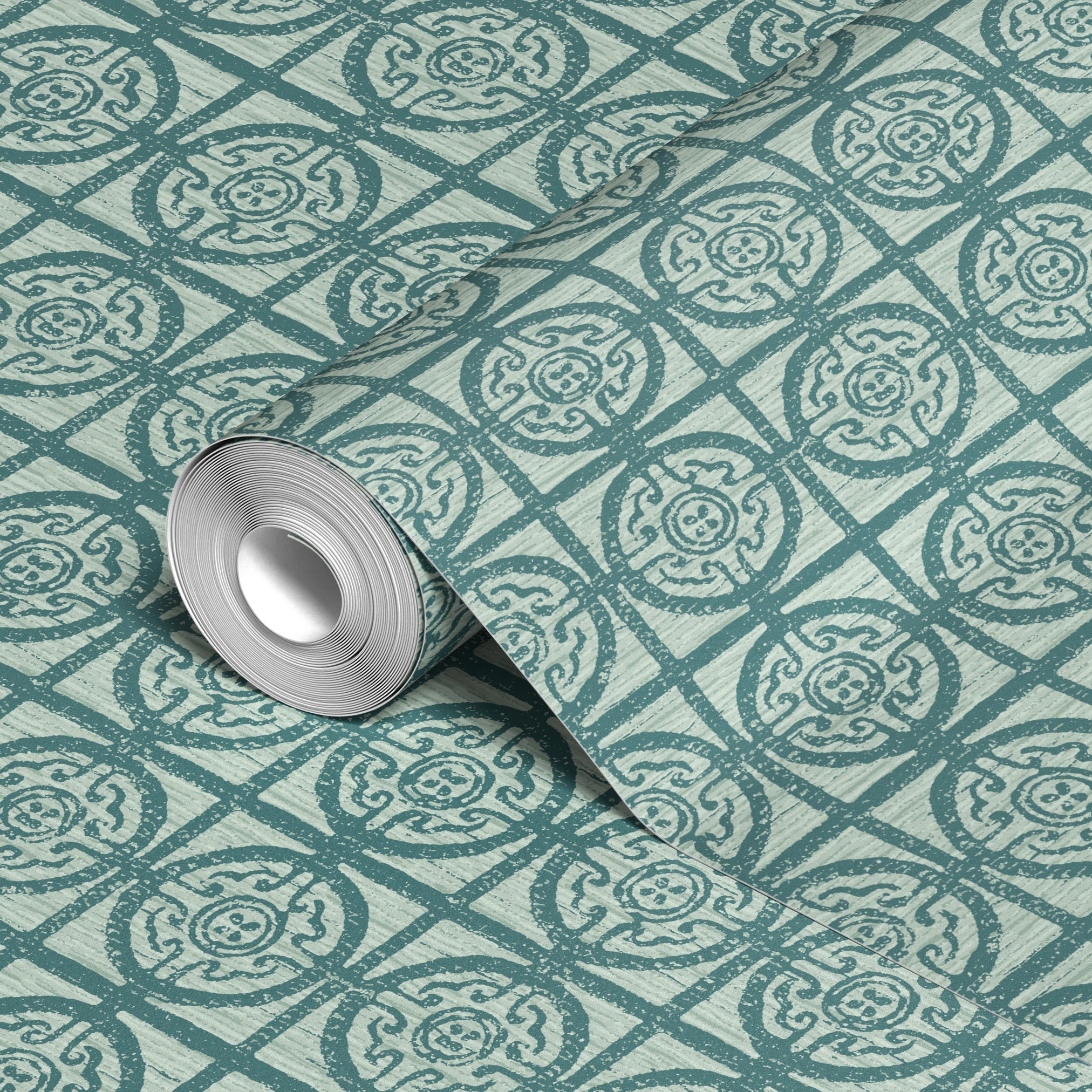Teal geometric tile pattern with ornate circular medallions on light background