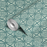 Teal geometric tile pattern with ornate circular medallions on light background