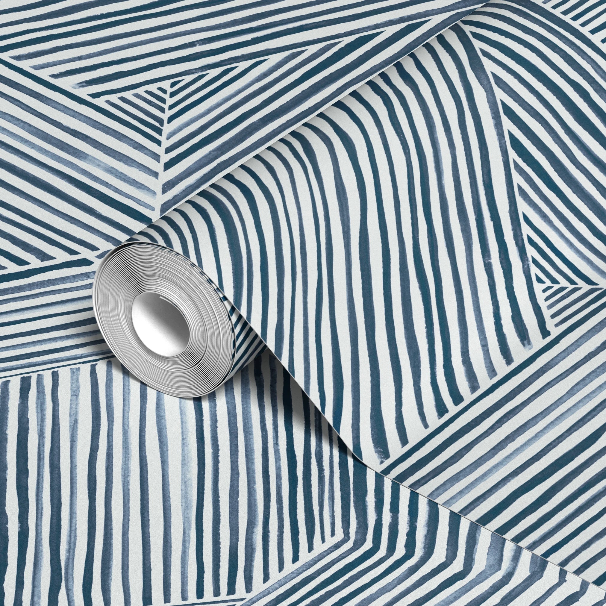 Abstract geometric pattern of intersecting diagonal and vertical lines in blue on white background