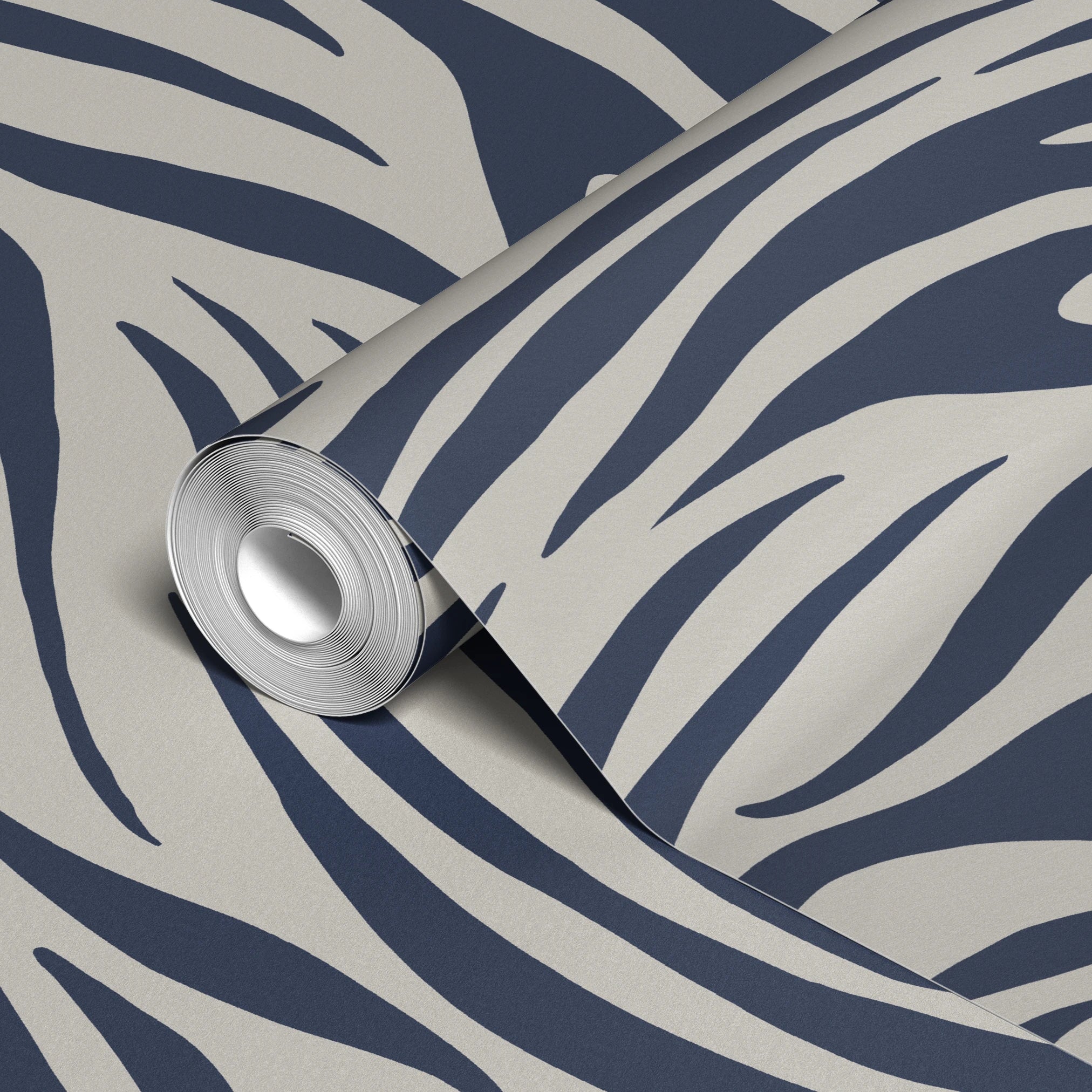 Navy blue and beige wavy zebra-like stripes in an abstract flowing pattern